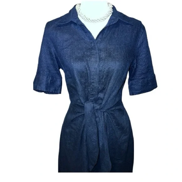 Ralph Lauren Tie-front Linen Shirtdress with pockets in navy - Picture 2 of 14